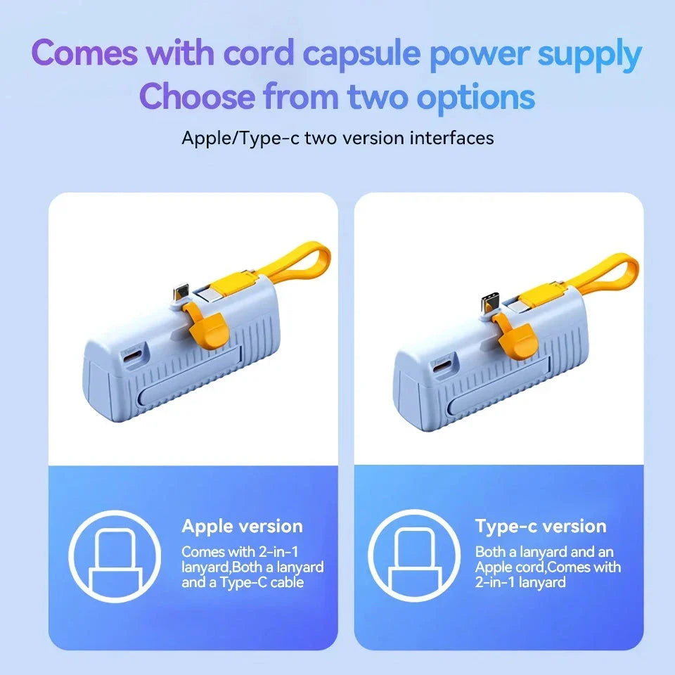 Compact, high-capacity power bank with dual charging ports and built-in cables for convenient, fast charging on the go