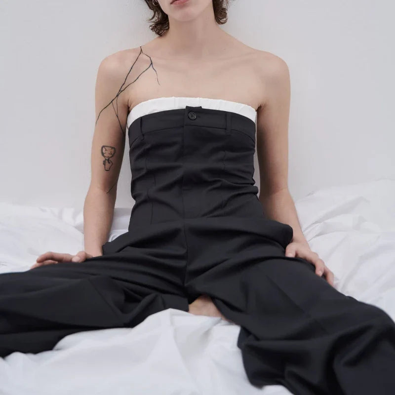 Trendha Contrast Stitching Tube Top Jumpsuit in Sea Blue, featuring raglan sleeves, wide legs, and a shawl neckline design