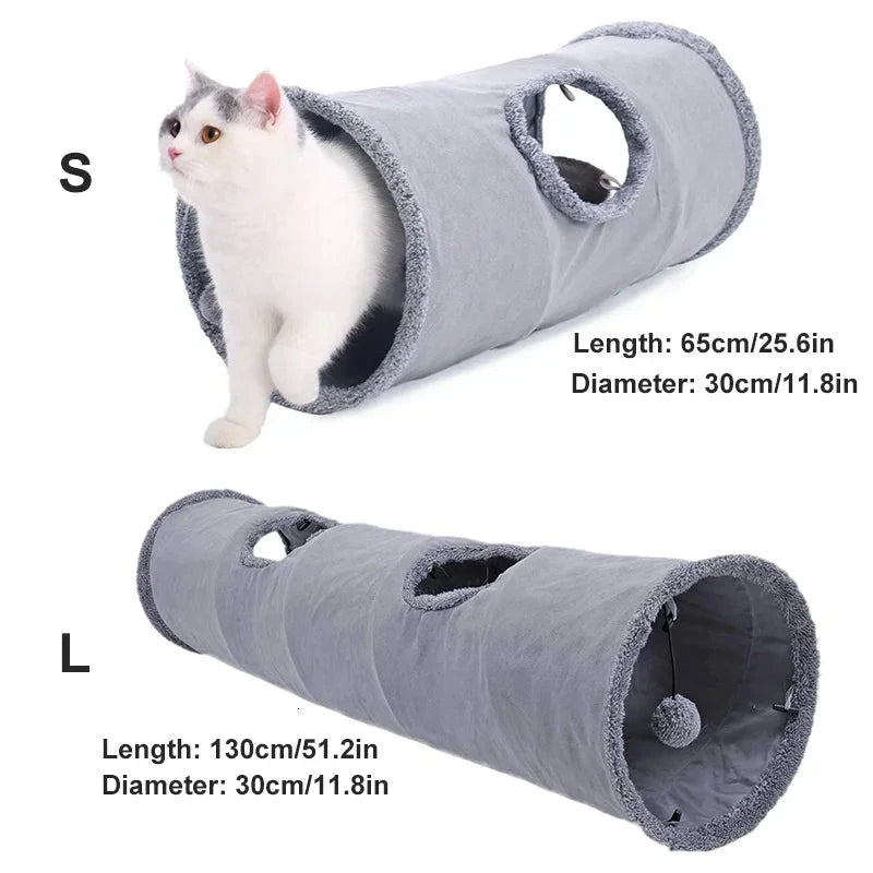A collapsible cat tunnel made of crinkle suede with a peek-a-boo hole and dangling ball, providing a stimulating and entertaining play experience for cats.