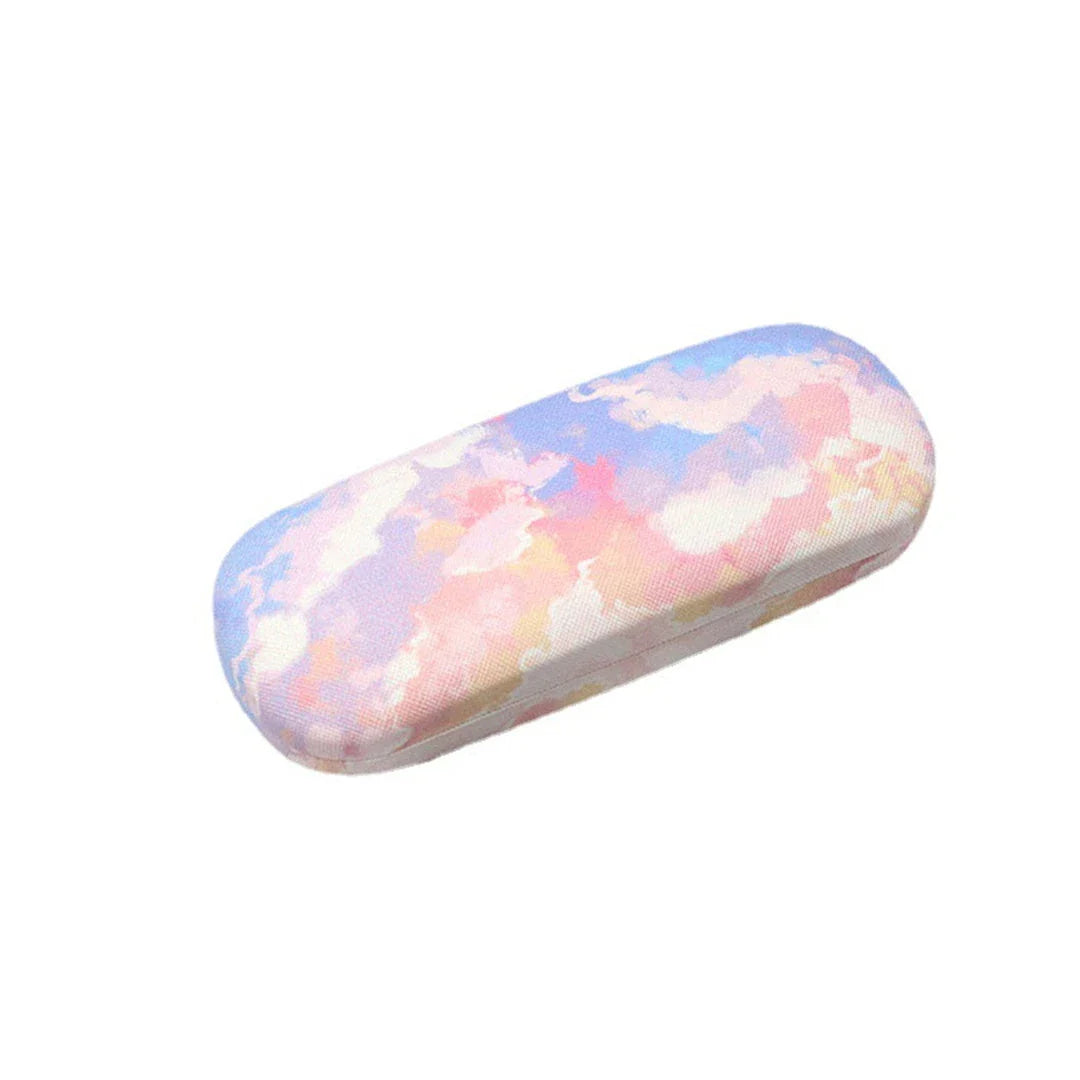 Gradient cloud printed eyewear case with metal frame and PU leather construction, protecting glasses from scratches and everyday wear and tear