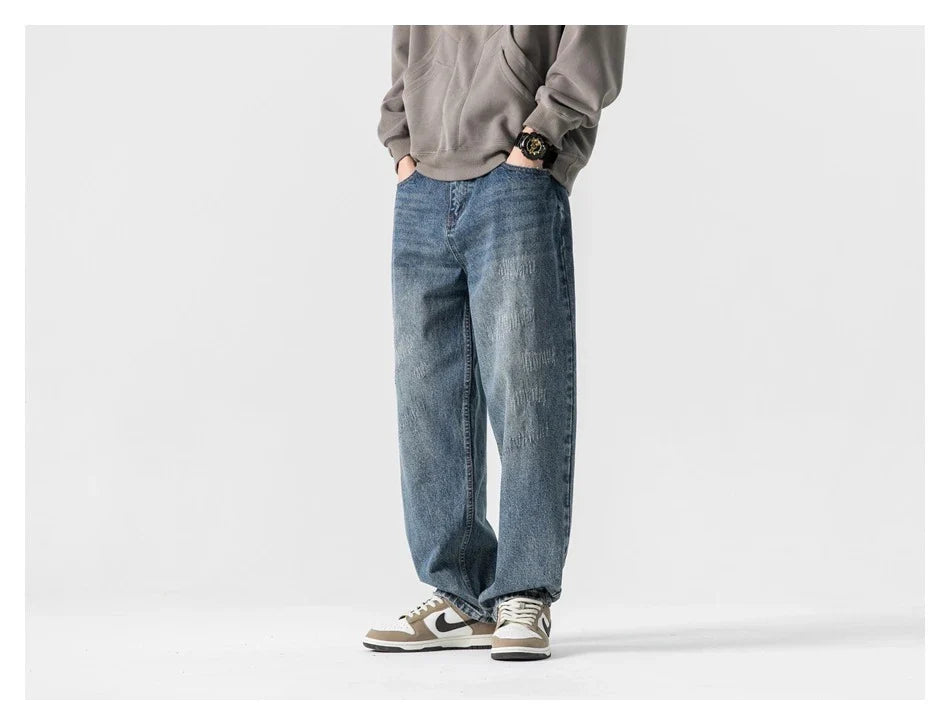 Autumn New Retro Loose Jeans in dark blue colour with straight-leg silhouette and premium cotton fabric
