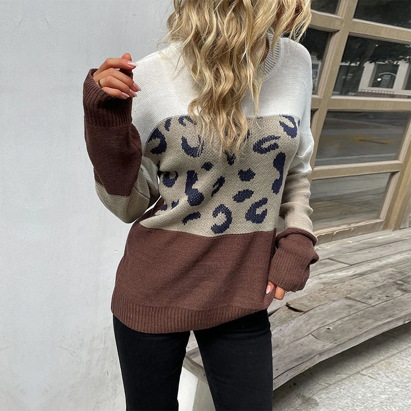 A stylish women's long sleeve leopard print pullover jumper in a classic coffee brown colour