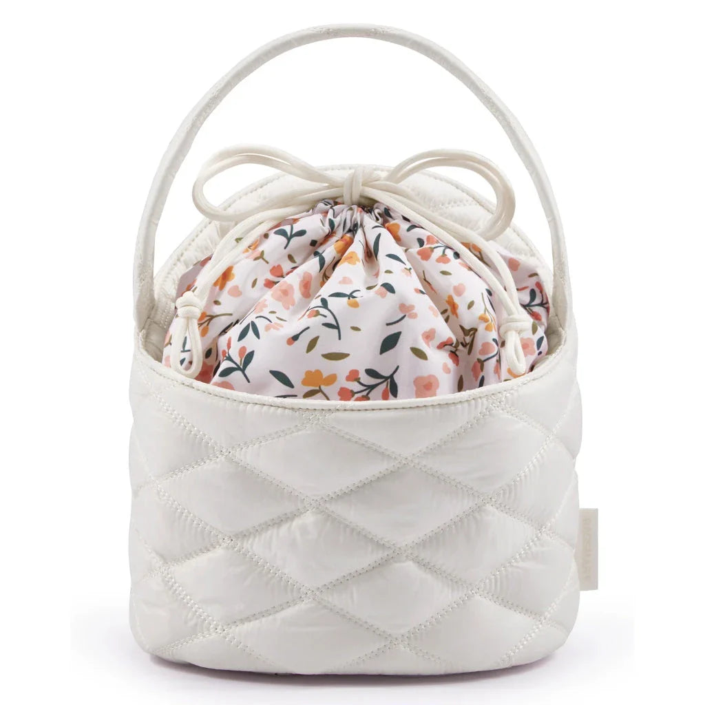 Premium waterproof drawstring cosmetic bag with elastic pockets for organised makeup storage and easy access