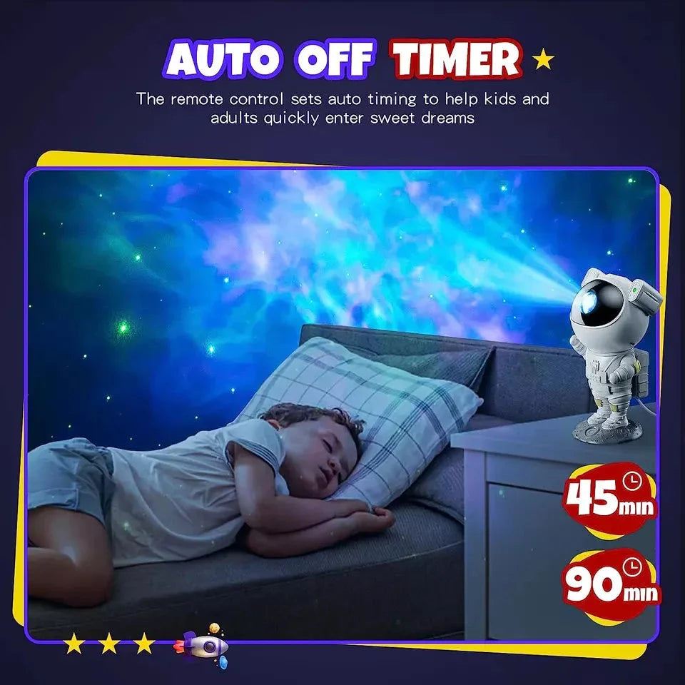 Astronaut-themed star projector lamp with rotating head and customisable features, creating a mesmerising nebula display in any room