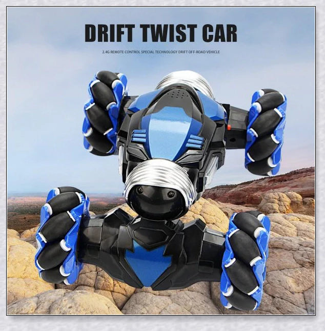 Remote control stunt car with 360-degree rotation, flips, and built-in colourful lights and music for exciting playtime