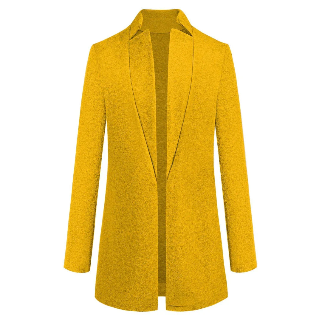 Premium British woollen coat with stand collar, featuring a sleek, slim-fit silhouette and subtle stitching details