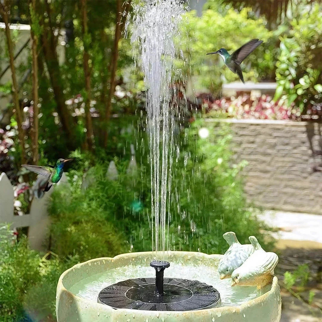 3W solar-powered water fountain with LED lights and customisable spray nozzles, perfect for enhancing any garden or pond