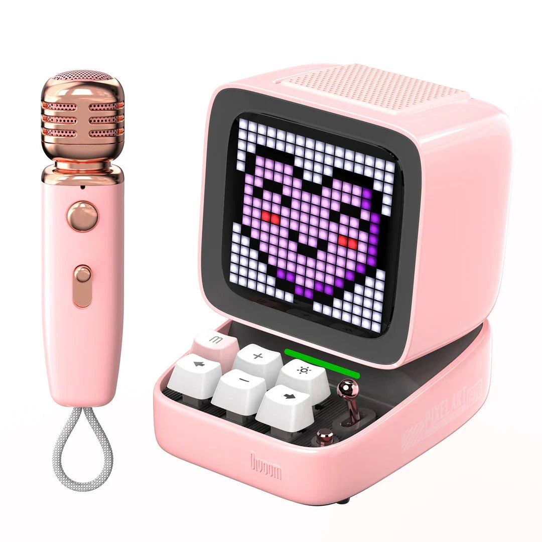 Ditoo-Mic Bluetooth Speaker with pixel art display, karaoke microphone, and retro design