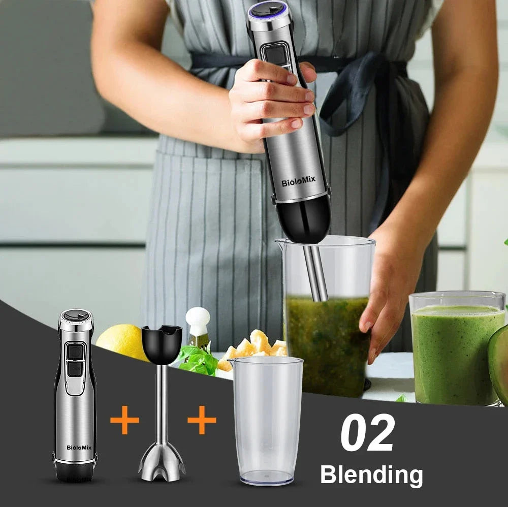 A powerful 1200W 4-in-1 immersion hand blender with attachments for chopping, blending, and whipping