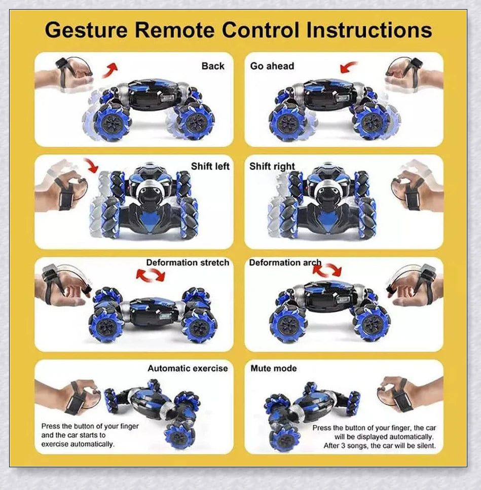 Remote control stunt car with 360-degree rotation, flips, and built-in colourful lights and music for exciting playtime