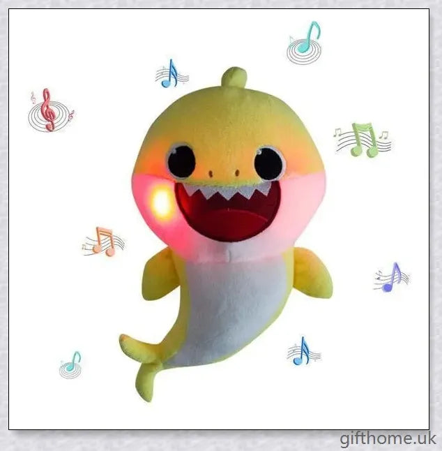 Soft and cuddly Baby Shark plush toy with captivating lights and music, perfect for young children's playtime