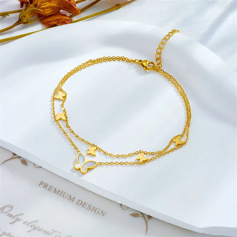 Stainless Steel Butterfly Anklet with Adjustable Chain and Two-Tier Design