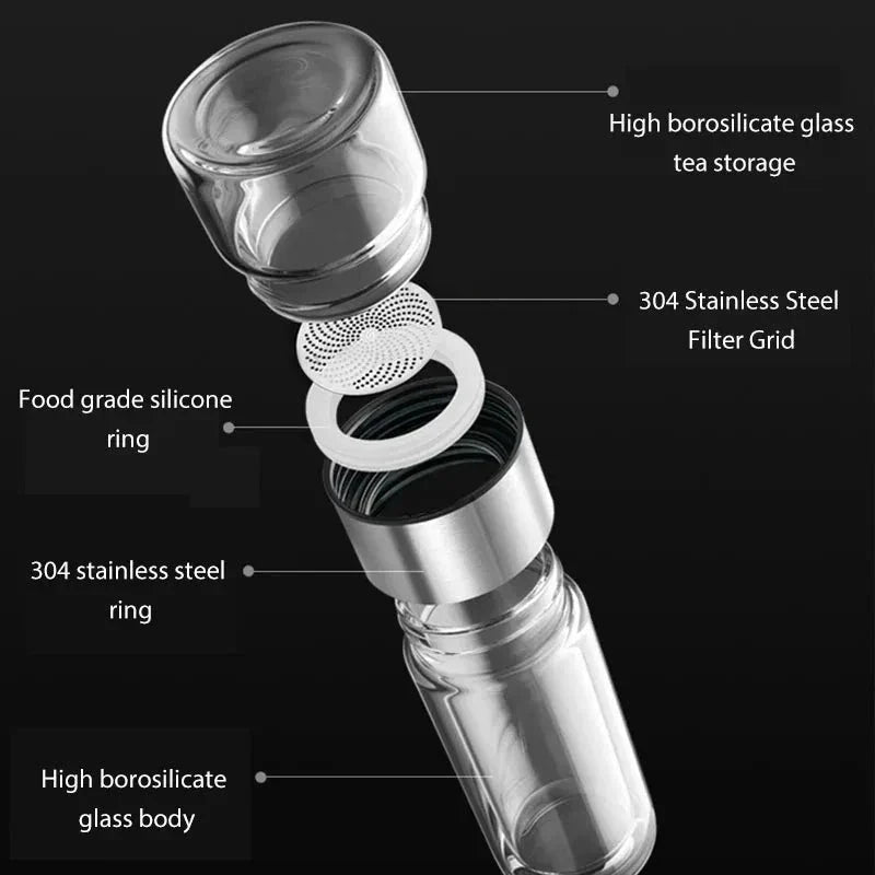 Elegant 400ml double-walled glass tea infuser bottle with wooden accent, perfect for brewing loose leaf tea or infusing water