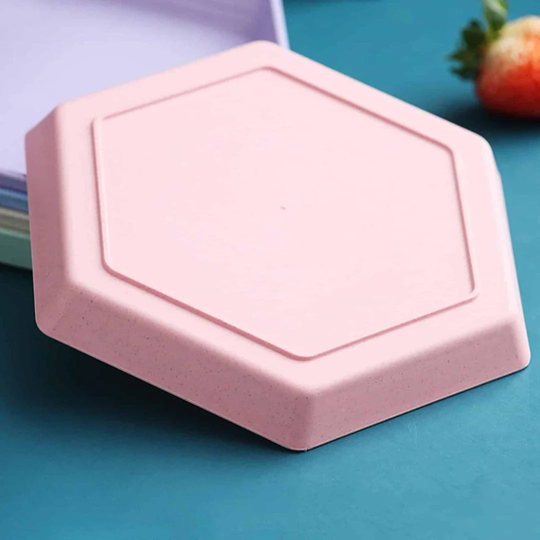 Hexagon-shaped wheat straw plate in a neutral beige colour, showcasing a modern and eco-friendly design