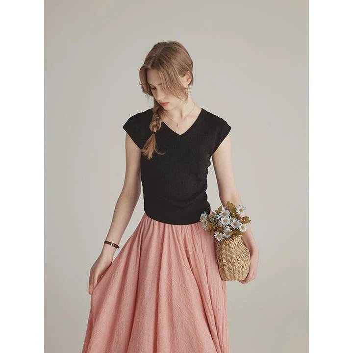 Refined Solid Colour Modest V-Neck Short Sleeve Slenderising Women's Top in Beige, Navy, and Black