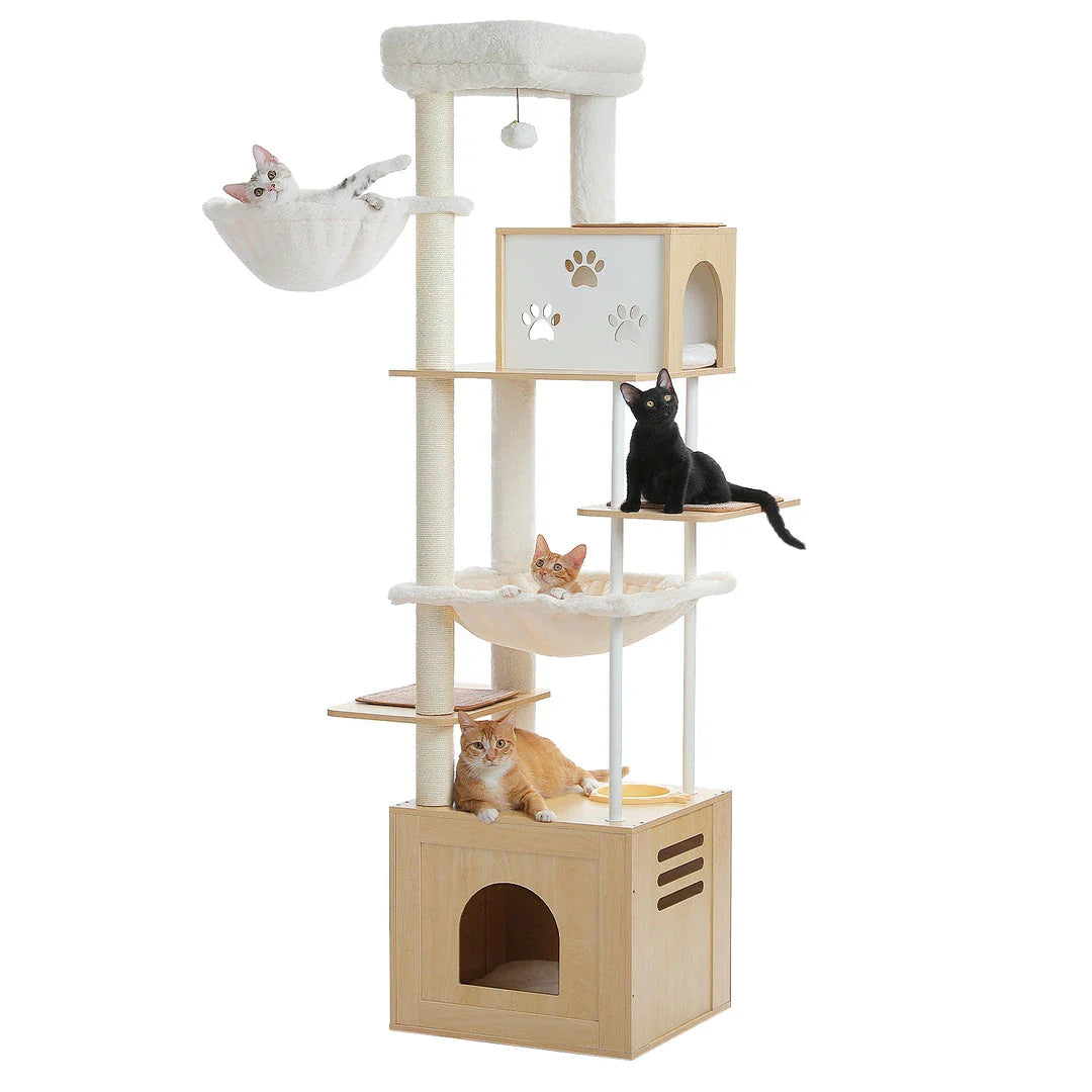Large multi-level cat tree with spacious condos, hammocks, and sisal scratching posts for cats