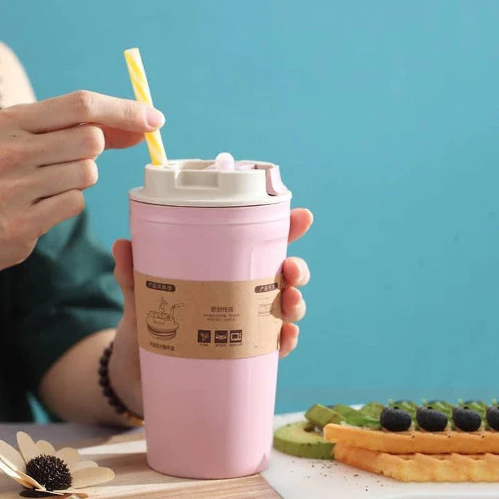 Premium bamboo fibre travel mug with leak-proof lid, available in green, brown, and black colours