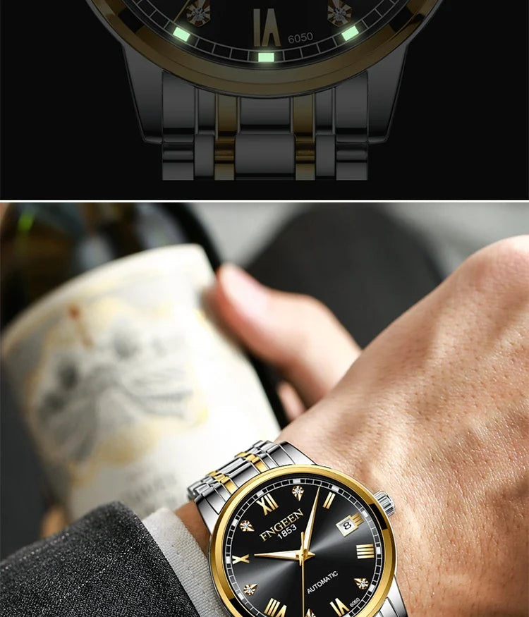 Premium automatic mechanical watch with leather strap, featuring a stainless steel case, luminous hands and markers, and a stylish British-inspired design