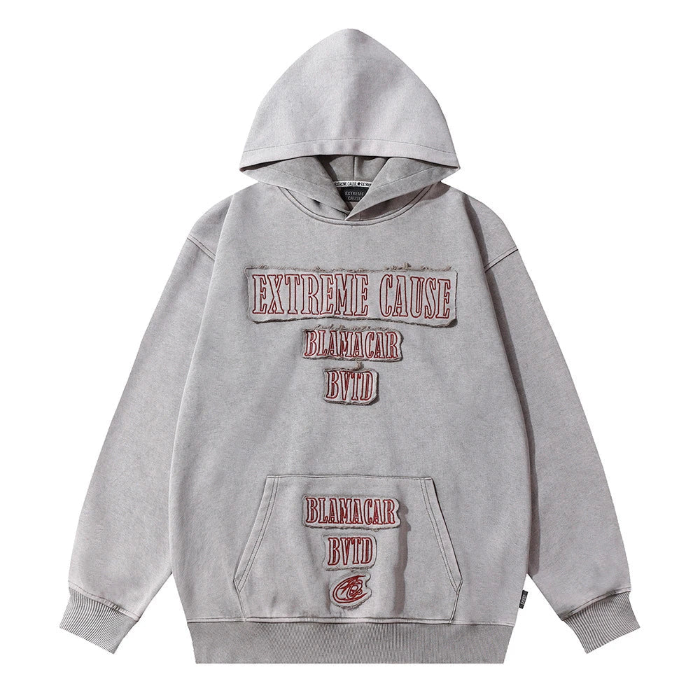 Embroidered cotton hoodie with a letter patch design, available in brown, grey, and black colours and sizes S to XL