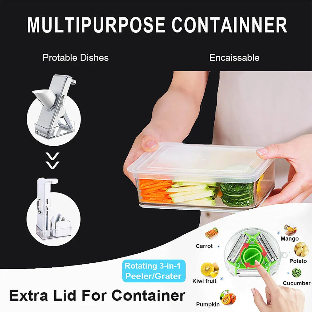 Adjustable Mandoline Slicer with interchangeable blades for slicing, chopping, and cutting vegetables and fruits