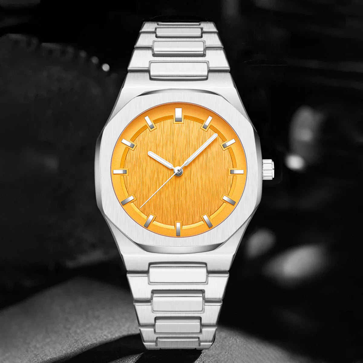 Sophisticated octagonal dial men's watch with stainless steel case and mineral-reinforced glass crystal