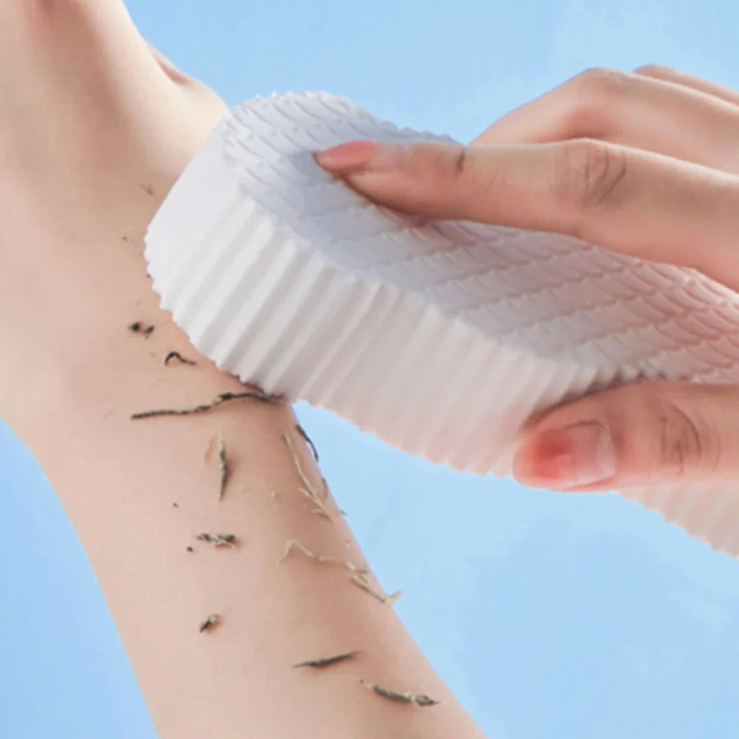 Luxurious white exfoliating bath sponge with a unique hardening design for hygienic and convenient use