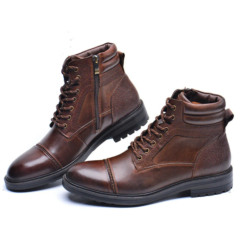 Premium cowhide leather boots for men, featuring a versatile round-toe design and medium-height shaft for classic British style and exceptional comfort.