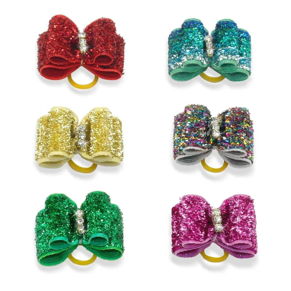Glittery hair bows for dogs in various quantities, made with premium nylon for long-lasting durability and a sparkling finish.