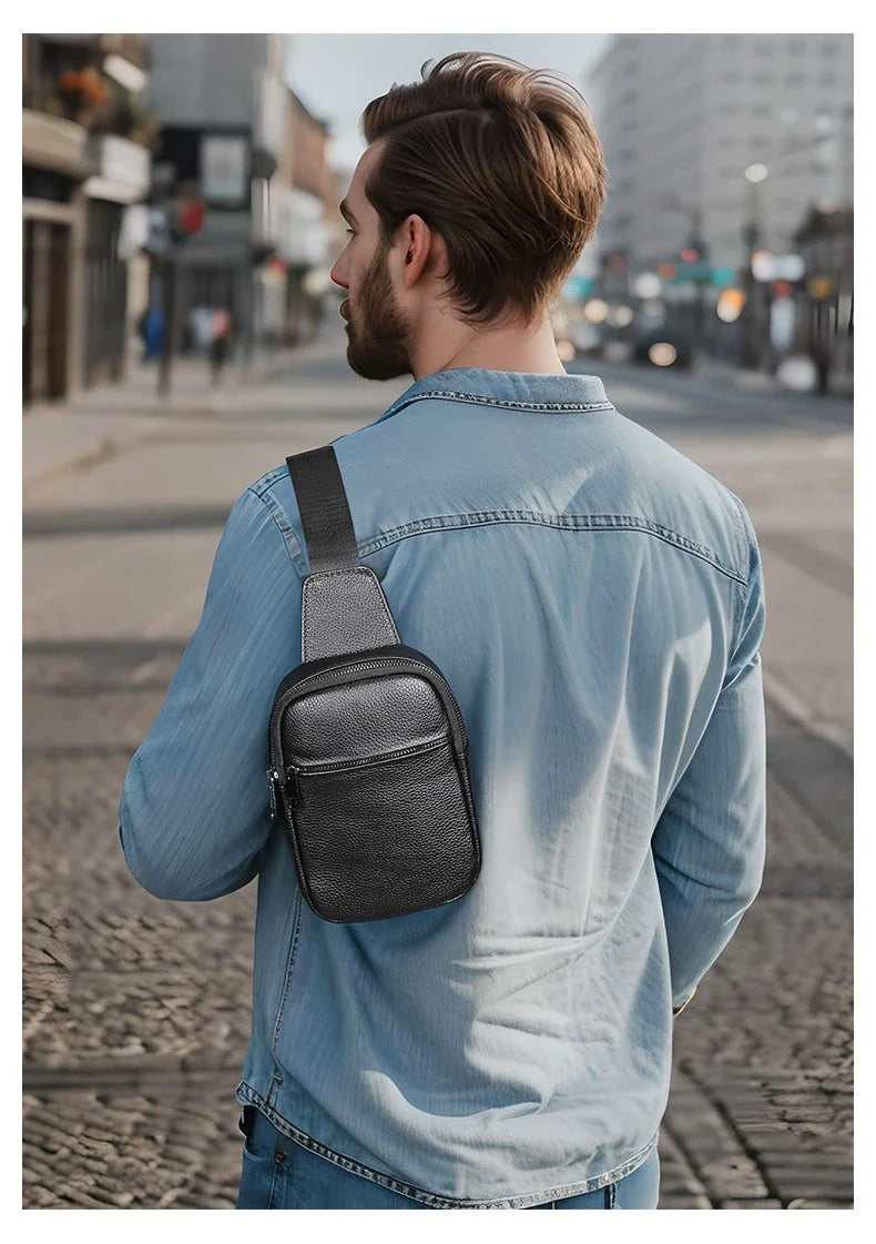 A premium genuine leather crossbody bag with an urban, minimalist design, perfect for everyday use and outdoor adventures.