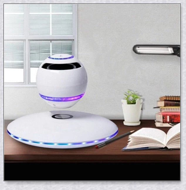 Levitating Bluetooth speaker with colourful lights, creating a mesmerising audio experience
