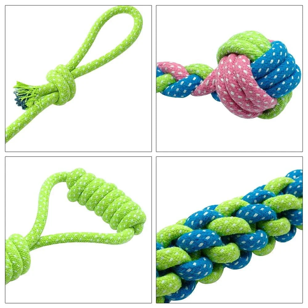 A 7-piece set of premium cotton rope toys for pets, featuring vibrant colours and varied shapes to stimulate your pet's senses