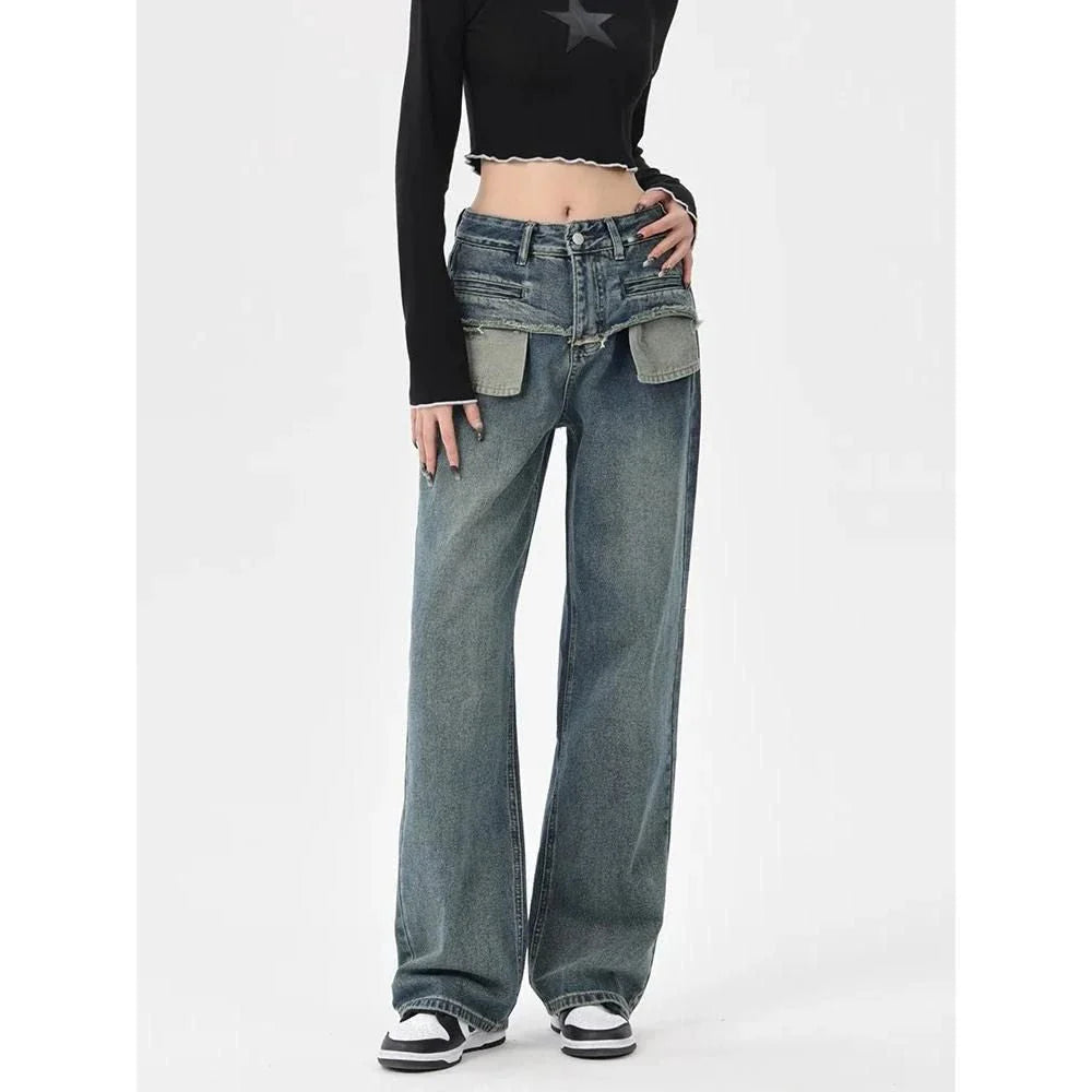 Stylish vintage-inspired high-rise straight-leg women's jeans in a distressed plaid design