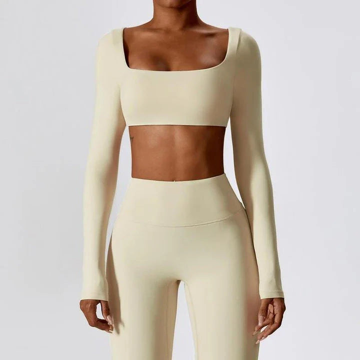 Stylish long sleeve crop top yoga shirt in green, designed for comfort and performance during workouts