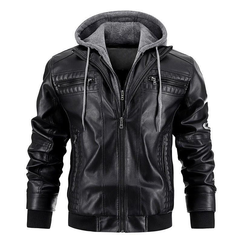 A stylish hooded PU jacket in black, designed for warm winter wear with practical features and a tailored fit.