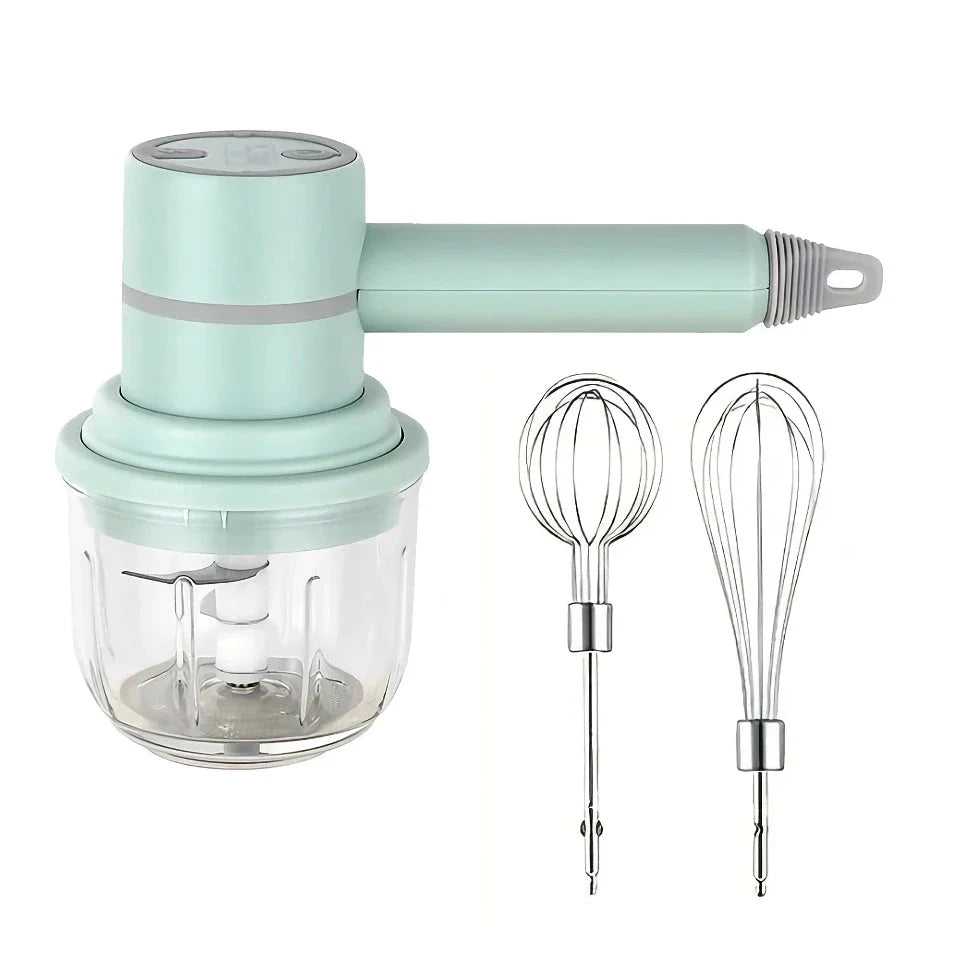Versatile 3-in-1 Wireless Egg Beater and Garlic Chopper - Powerful 20W Motor, 3 Speed Settings, Rechargeable Design
