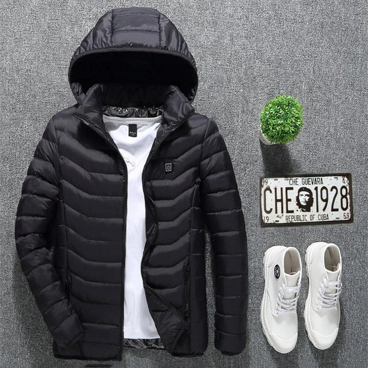 A stylish heated jacket with a removable hood, designed for warmth and comfort in chilly British weather.