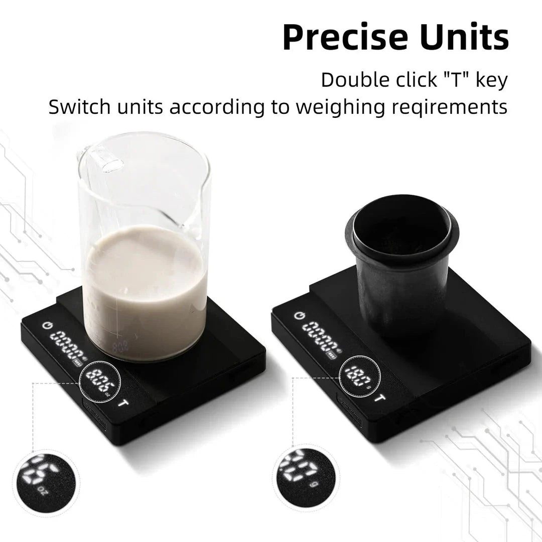 Precision Digital Coffee Scale with sleek white design and accurate 0.1g measurements for perfect coffee brewing
