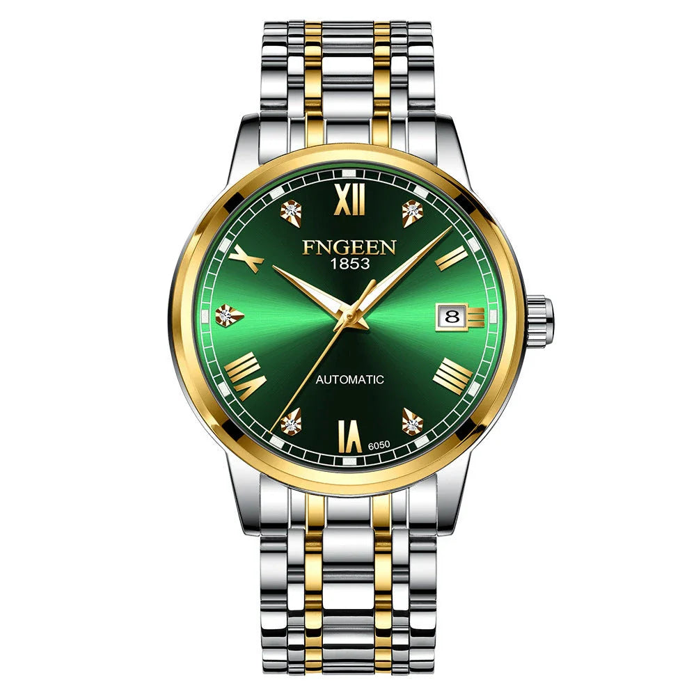 Premium automatic mechanical watch with leather strap, featuring a stainless steel case, luminous hands and markers, and a stylish British-inspired design
