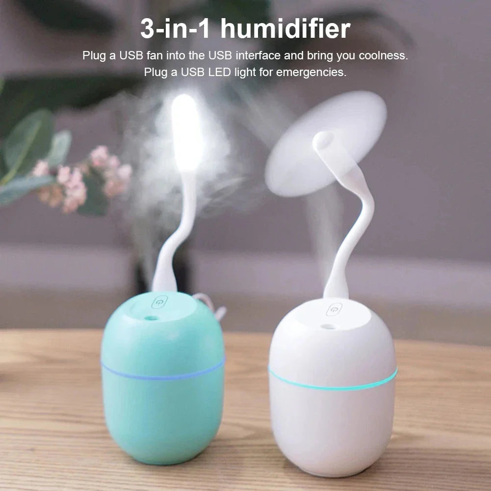 Compact ultrasonic humidifier and aroma diffuser with LED night lamp, available in white colour