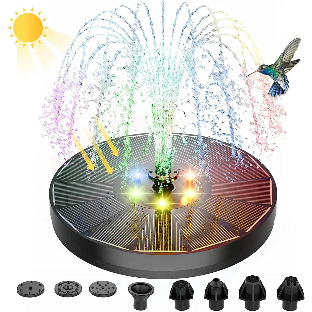3W solar-powered water fountain with LED lights and customisable spray nozzles, perfect for enhancing any garden or pond