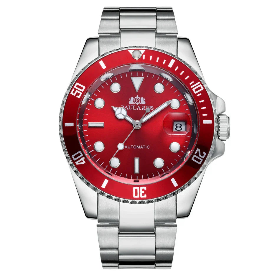 Elegant automatic watch with luminous hands and indices, showcasing British watchmaking excellence