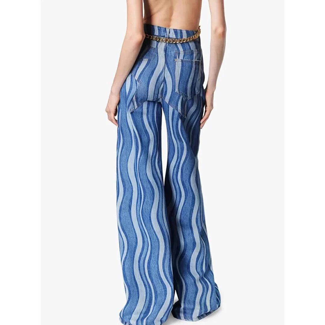 Women's high-waist striped denim trousers in a stylish blue colour, featuring a unique pattern and functional design for everyday wear.