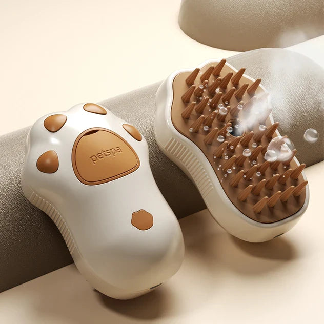 Premium 3-in-1 electric pet grooming tool with steam cleansing technology and soft, rounded bristles for a soothing grooming experience
