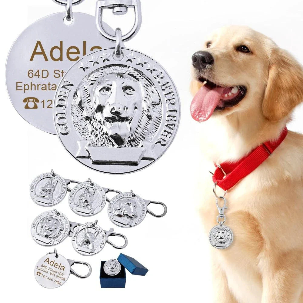 A premium silver dog ID tag with a customized engraved design, providing both style and practical functionality for your beloved canine companion.
