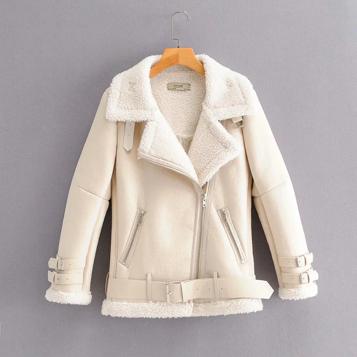 Warm faux leather jacket with plush faux fur lining, available in classic British colours for autumn and winter wear.