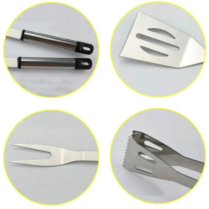 Premium Stainless Steel BBQ Tool Set with Fork, Tongs, and Shovel - Durable, Heat Resistant, and Easy to Clean