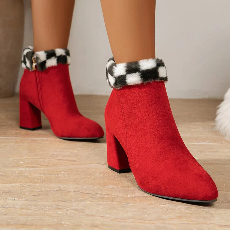 Premium plaid print ankle boots with a cosy lining, sturdy square heel, and versatile design for stylish winter wear