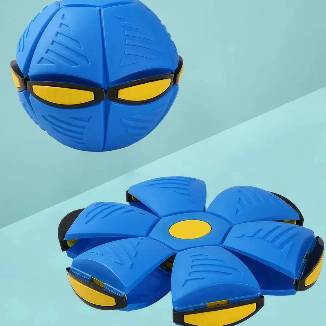 Transforming UFO Ball dog toy in pink, designed for interactive outdoor play and exercise