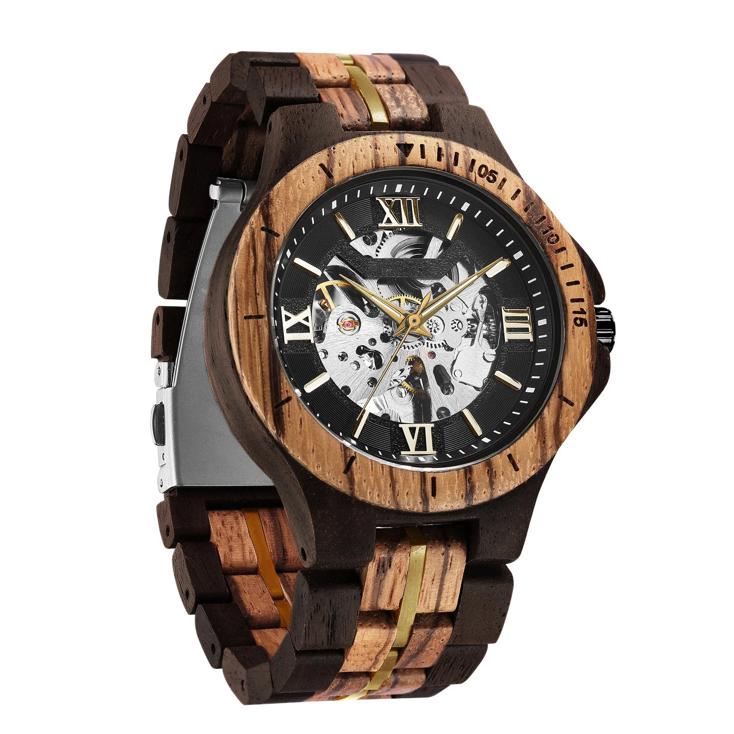 Premium handcrafted wooden automatic watch with intricate mechanical movement and natural wood strap