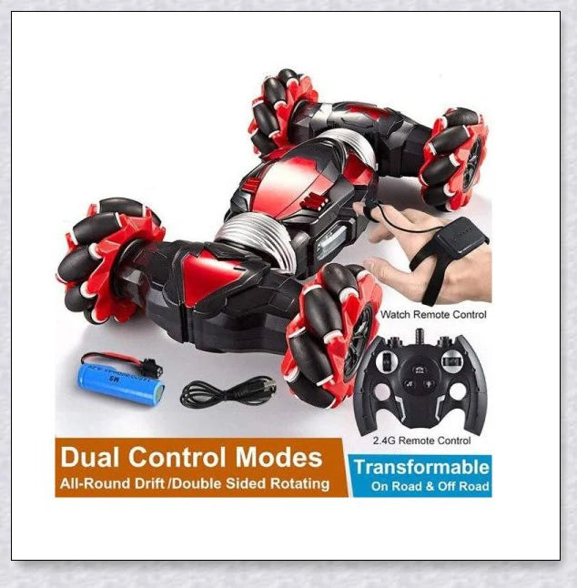 Remote control stunt car with 360-degree rotation, flips, and built-in colourful lights and music for exciting playtime